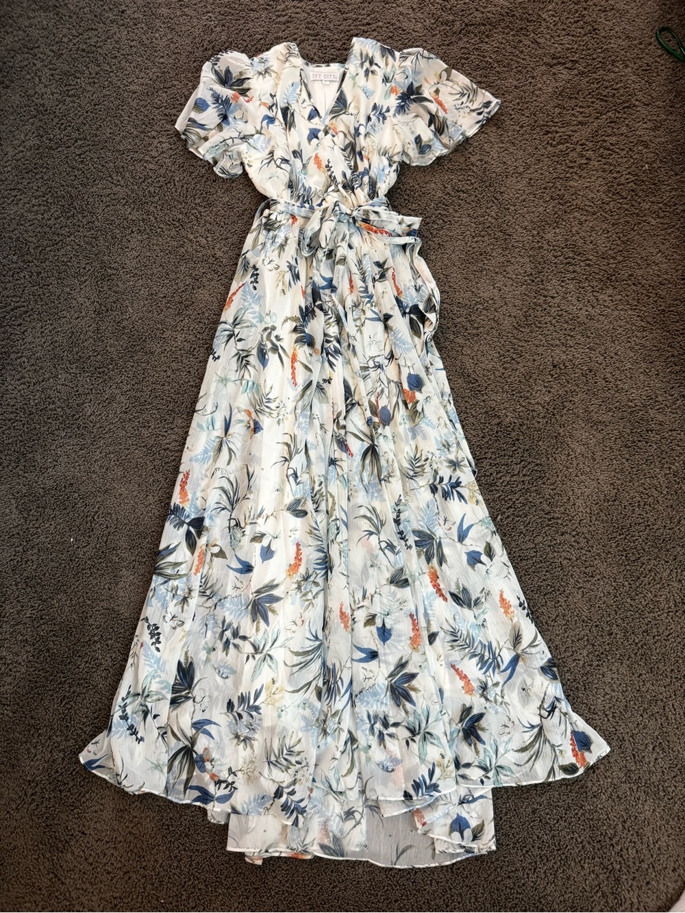 Ivy City Floral Wrap Maxi Dress in Cream with Blue & Green